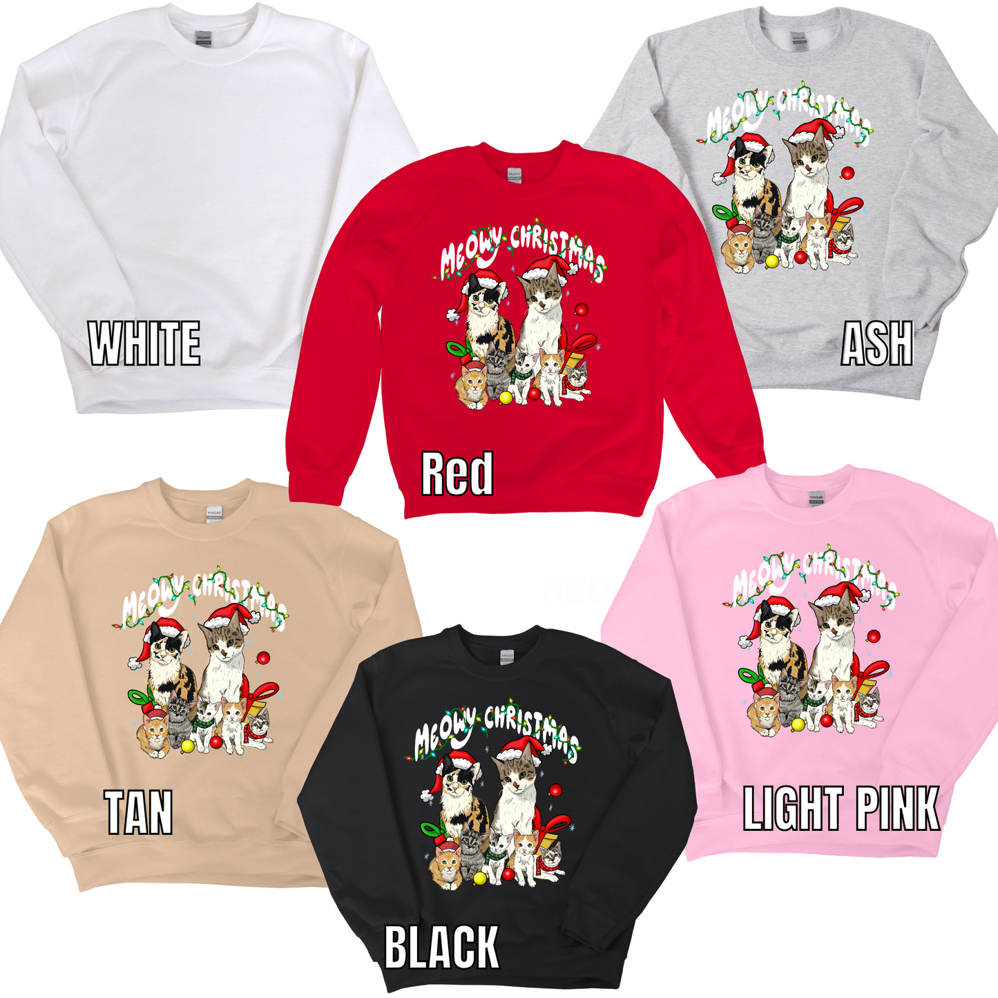 Meowy CHRISTMAS-WHITE FONT CREWNECK OR HOODIE