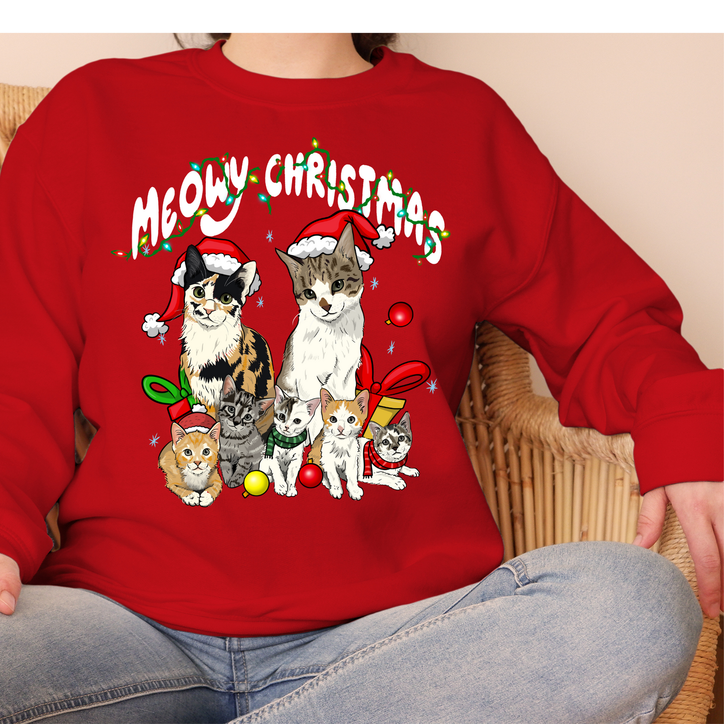 Meowy CHRISTMAS-WHITE FONT CREWNECK OR HOODIE