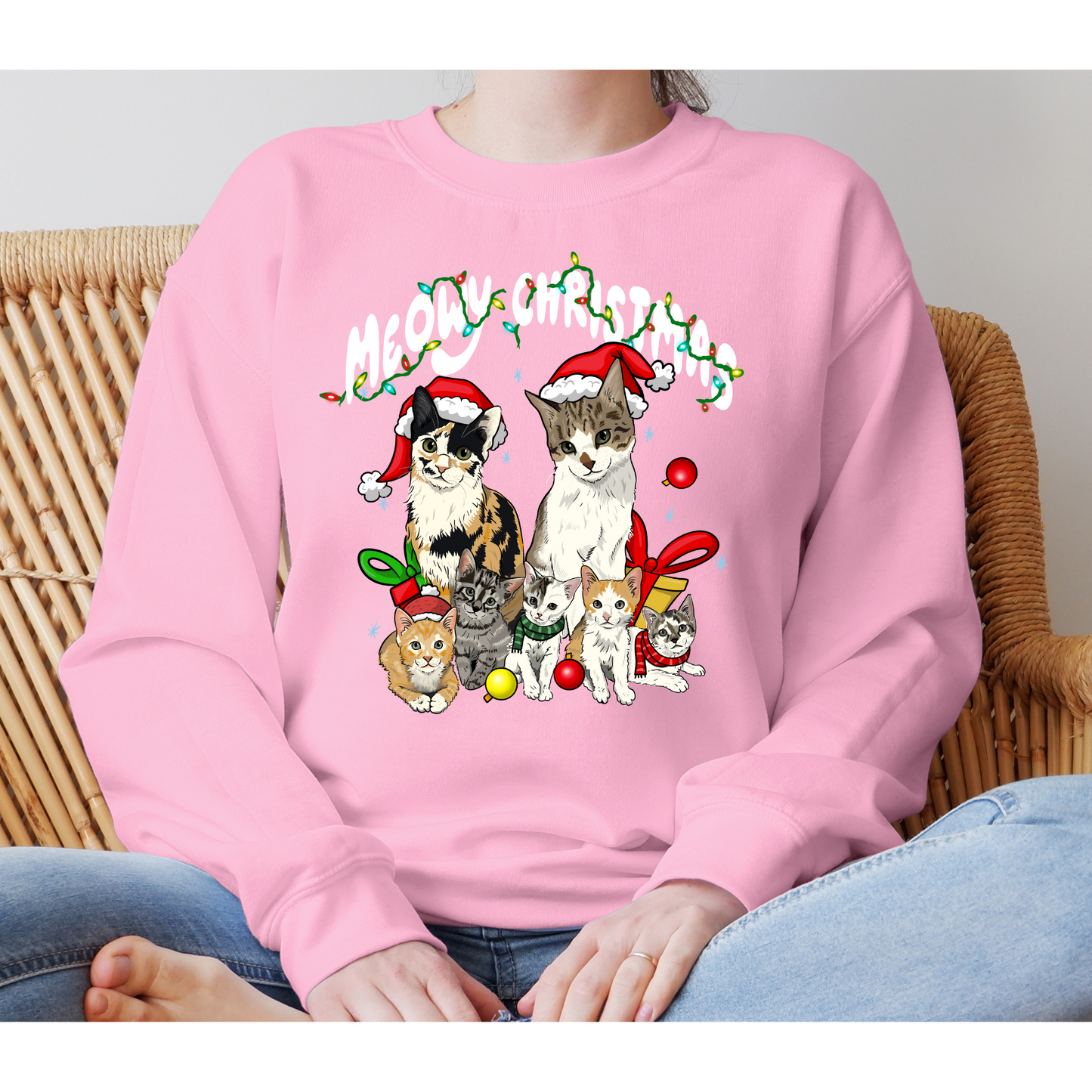 Meowy CHRISTMAS-WHITE FONT CREWNECK OR HOODIE