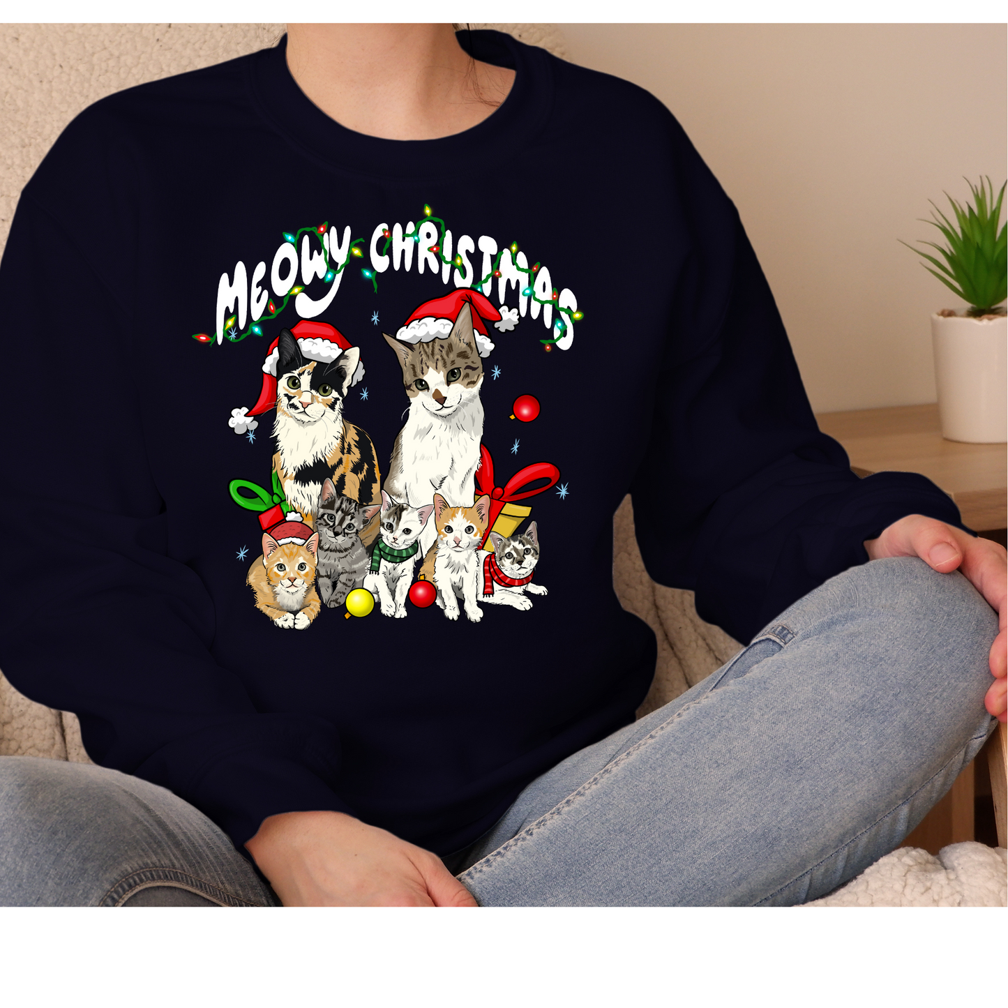 Meowy CHRISTMAS-WHITE FONT CREWNECK OR HOODIE